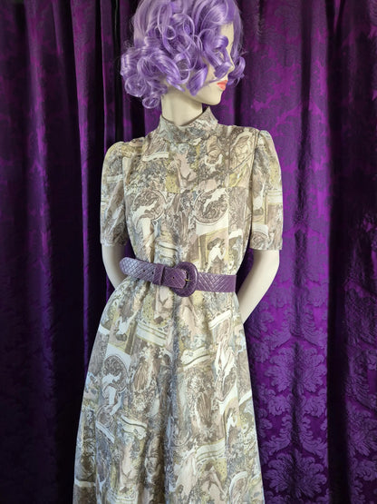 Vintage 1970s Art Nouveau Collage Print Maxi Dress