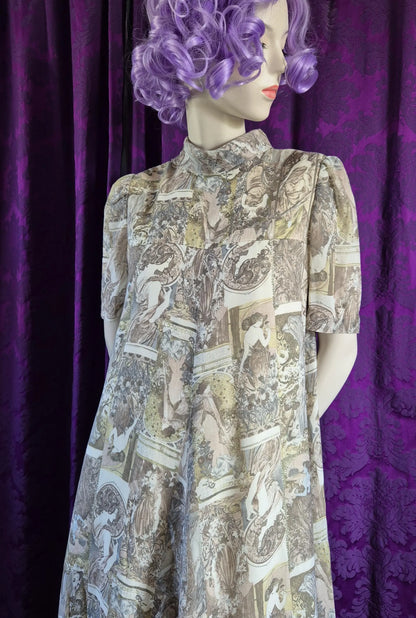 Vintage 1970s Art Nouveau Collage Print Maxi Dress