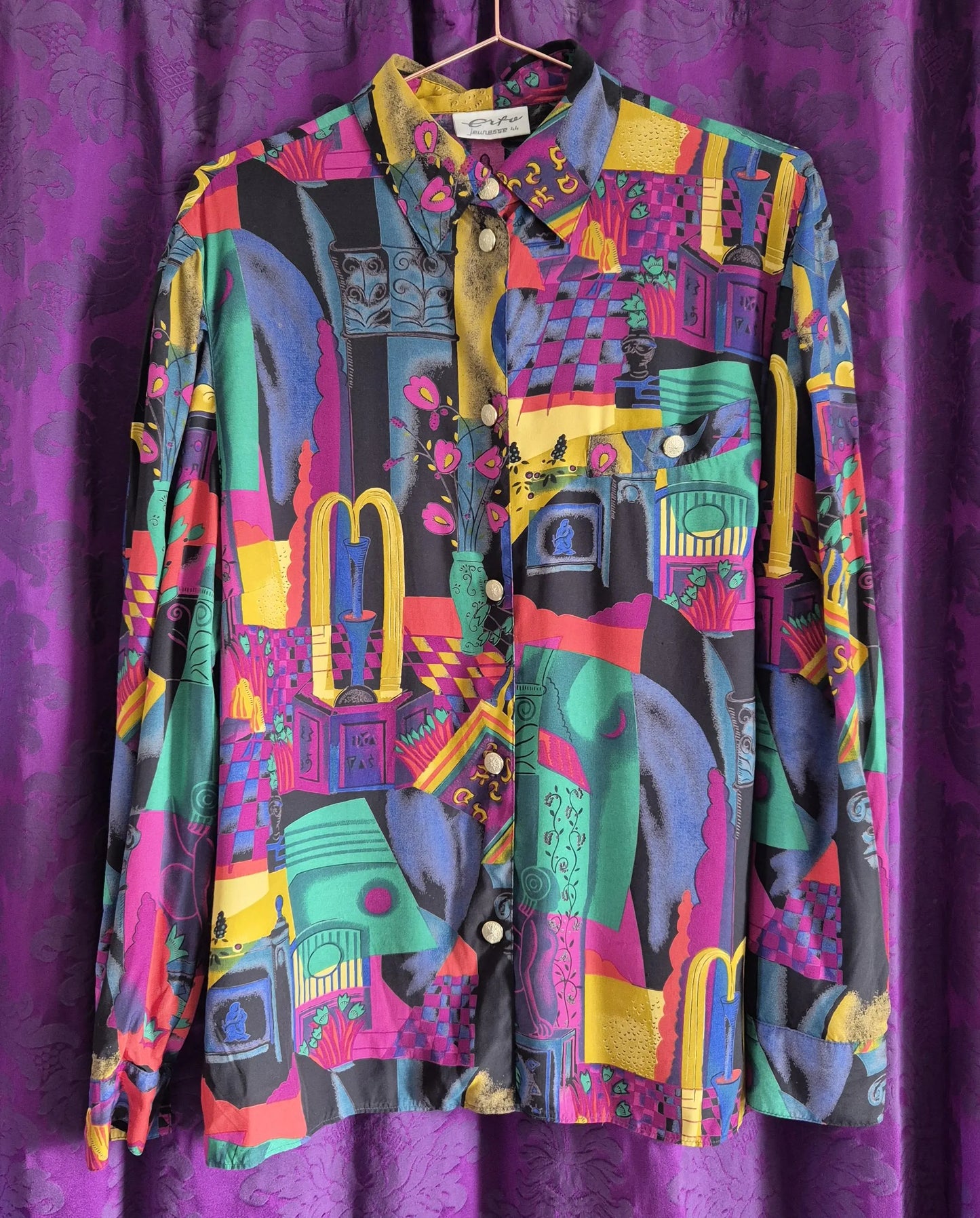 Vintage 1990s Colourful Art Collage Print Blouse