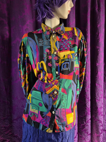 Vintage 1990s Colourful Art Collage Print Blouse