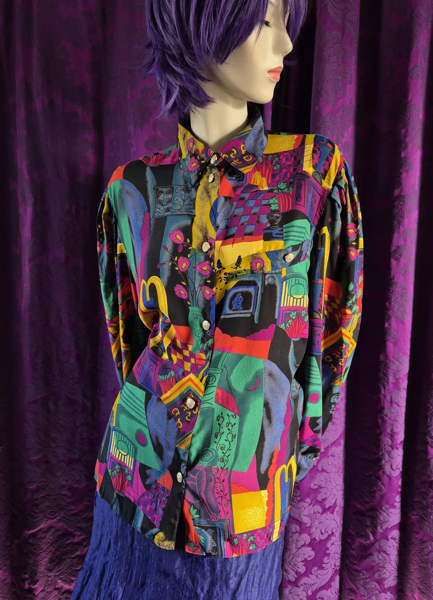 Vintage 1990s Colourful Art Collage Print Blouse