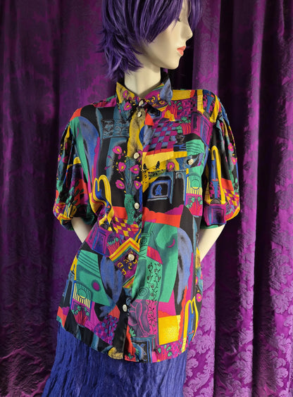 Vintage 1990s Colourful Art Collage Print Blouse