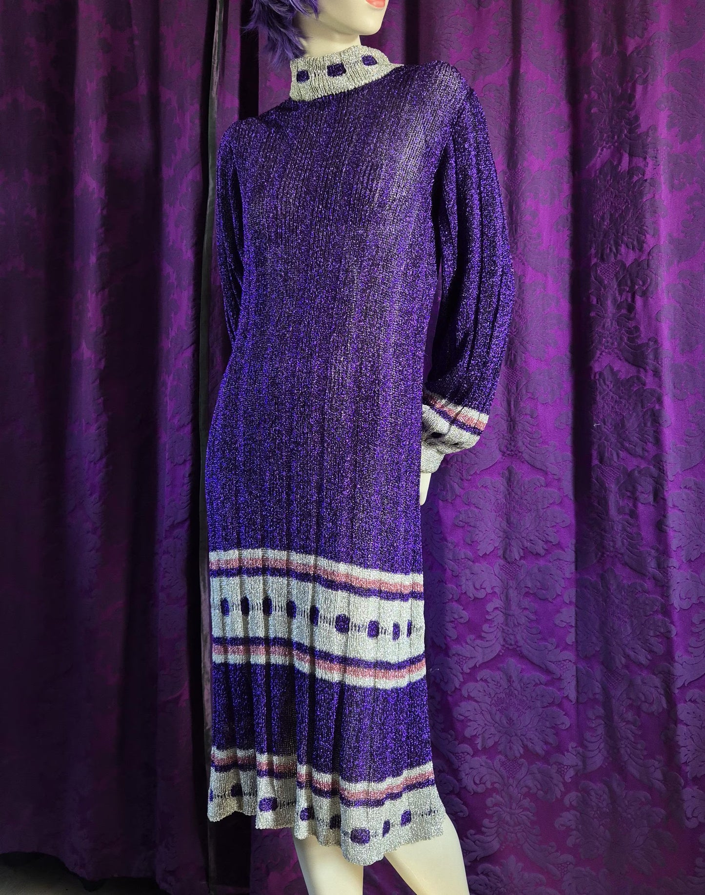 Vintage 1970s Violet Lurex Ribbed Knit Evening Dress