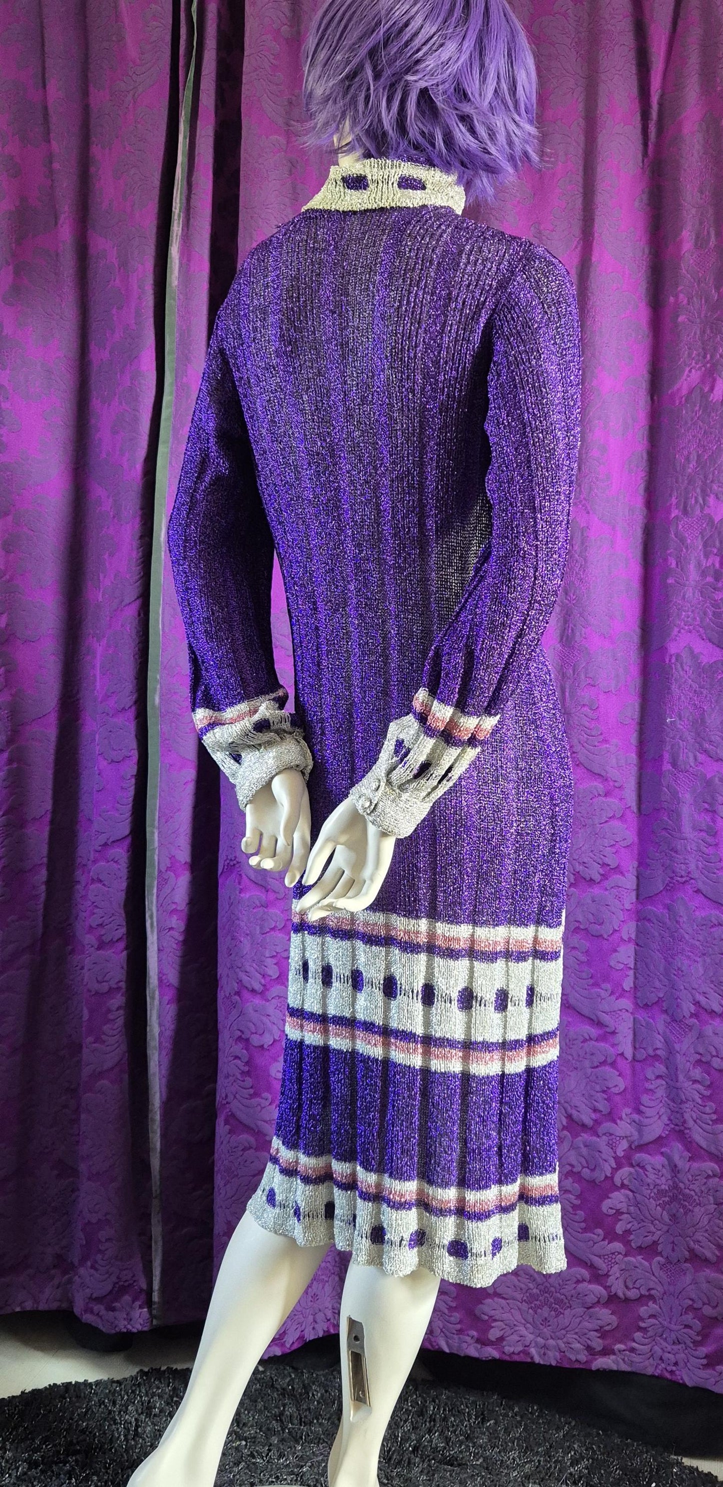 Vintage 1970s Violet Lurex Ribbed Knit Evening Dress