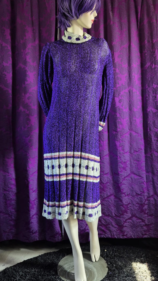 Vintage 1970s Violet Lurex Ribbed Knit Evening Dress