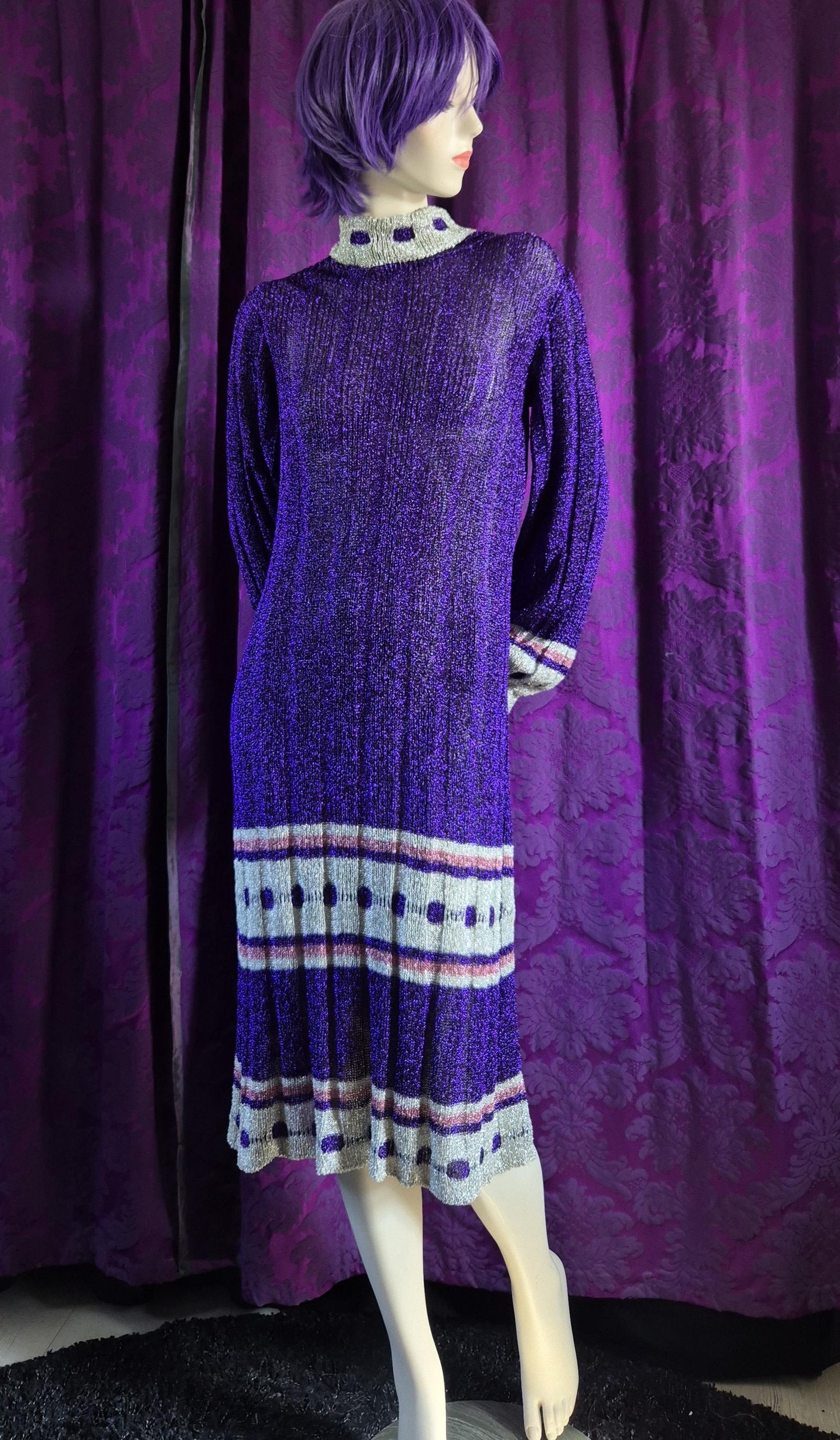 Vintage 1970s Violet Lurex Ribbed Knit Evening Dress