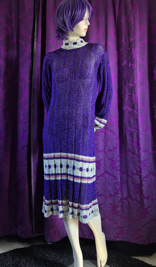 Vintage 1970s Violet Lurex Ribbed Knit Evening Dress