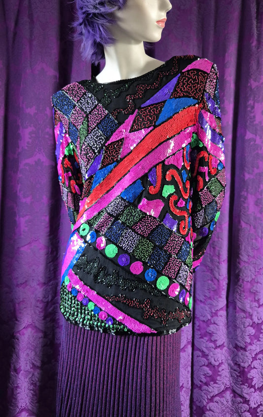 Vintage 1990s Sequin & Beads Abstract Tunic Top