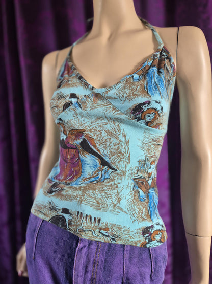 Vintage 1970s Toulouse Lautrec Jane Avril print halter top