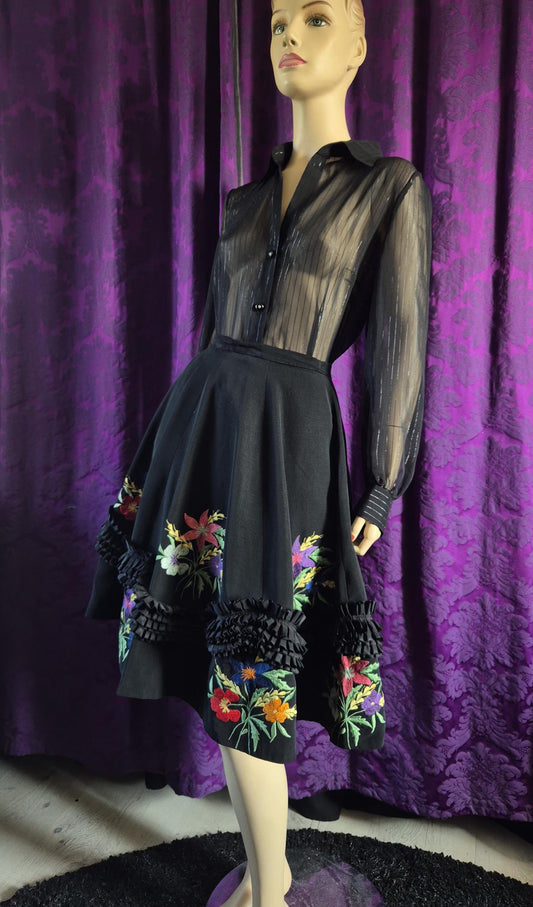 Vintage 1950s Embroidered Ruffled Folkloric Circle Skirt