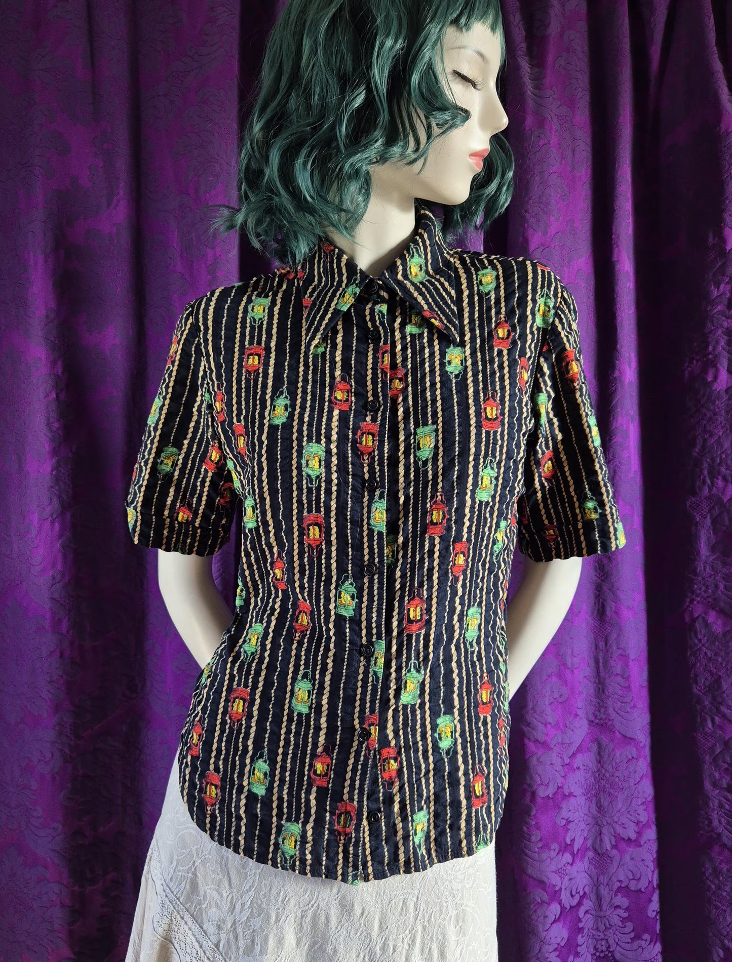 Vintage 1970s Lantern Print Cotton Striped Shirt