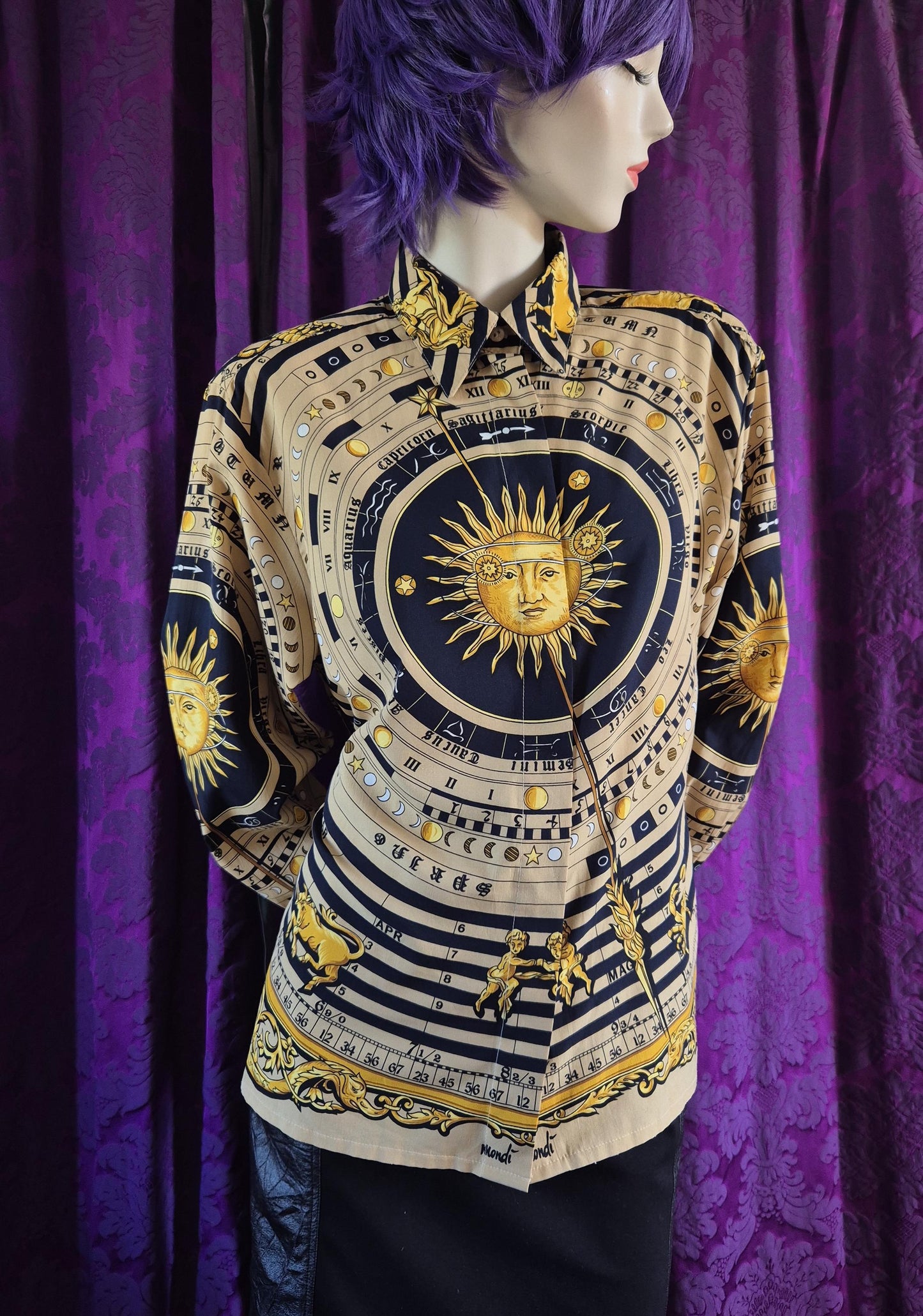 Vintage 1990s MONDI Celestial Sun Astronomical Zodiac Print Blouse