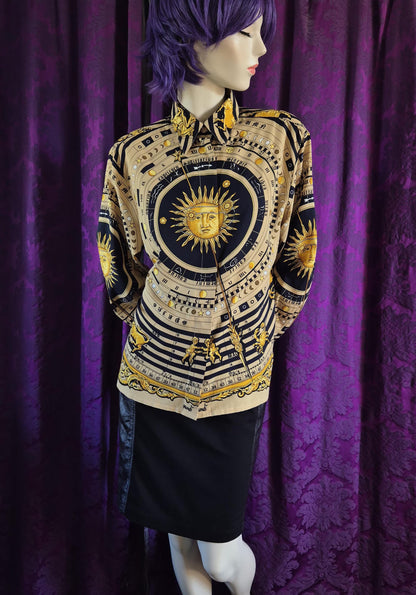 Vintage 1990s MONDI Celestial Sun Astronomical Zodiac Print Blouse