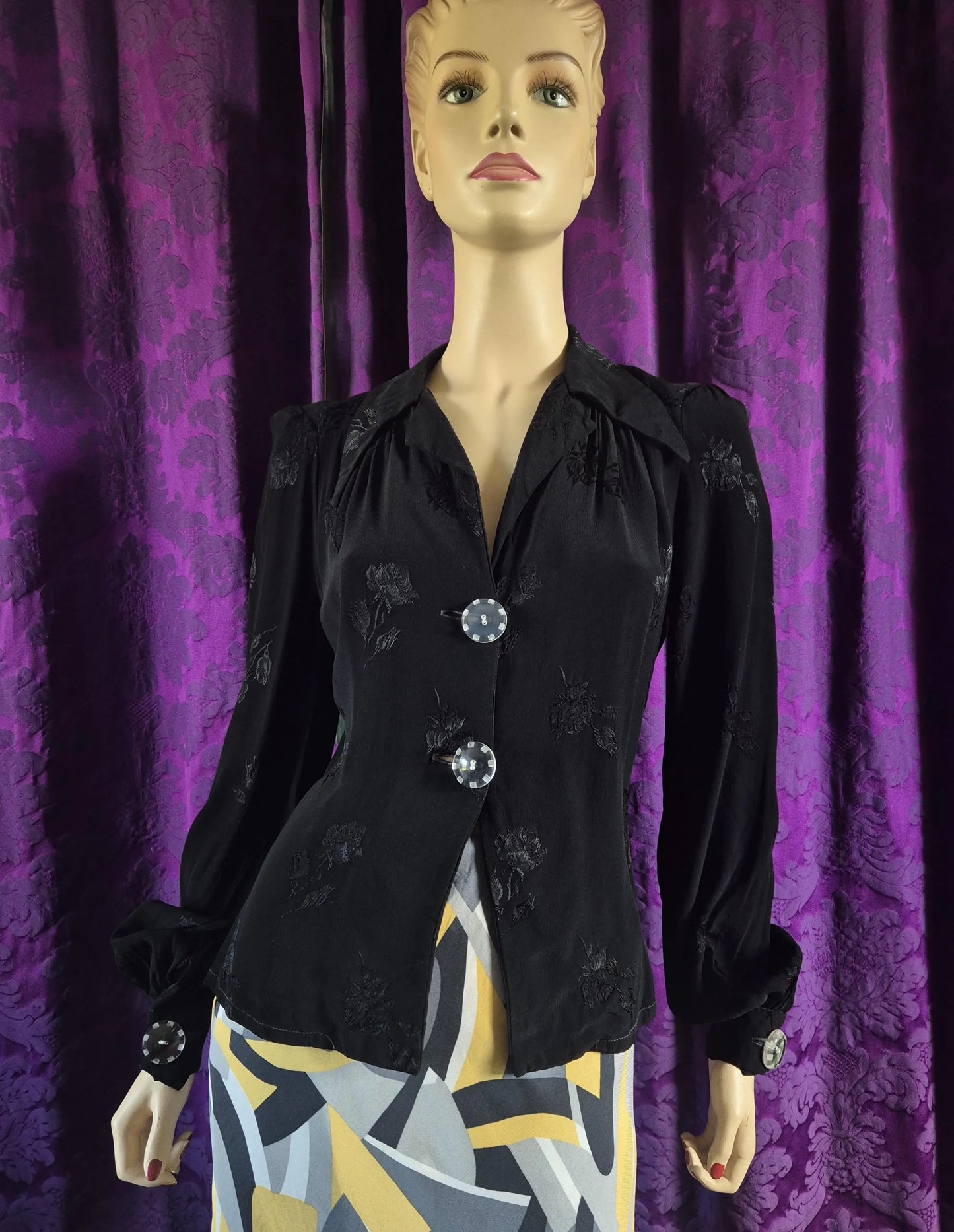 Vintage 1970s Chrisallis London jacquard blouse with statement lucite buttons