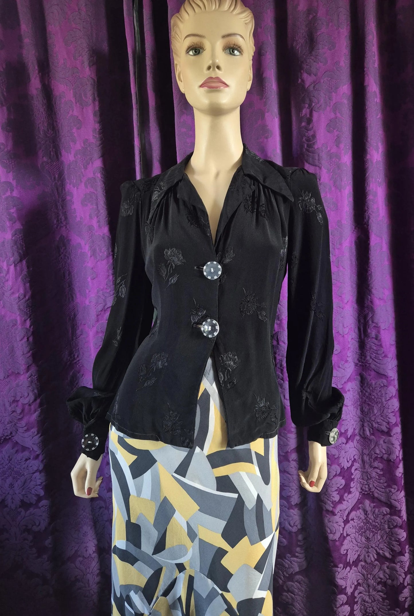 Vintage 1970s Chrisallis London jacquard blouse with statement lucite buttons