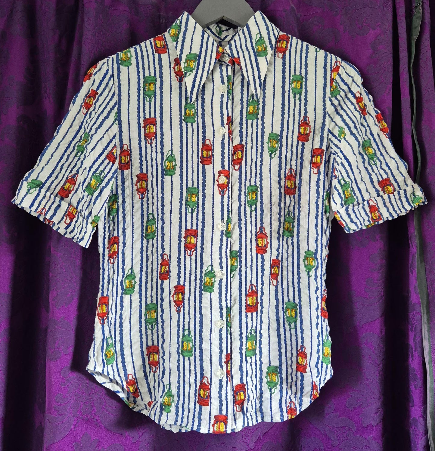 Vintage 1970s Lantern Print Cotton Striped Shirt