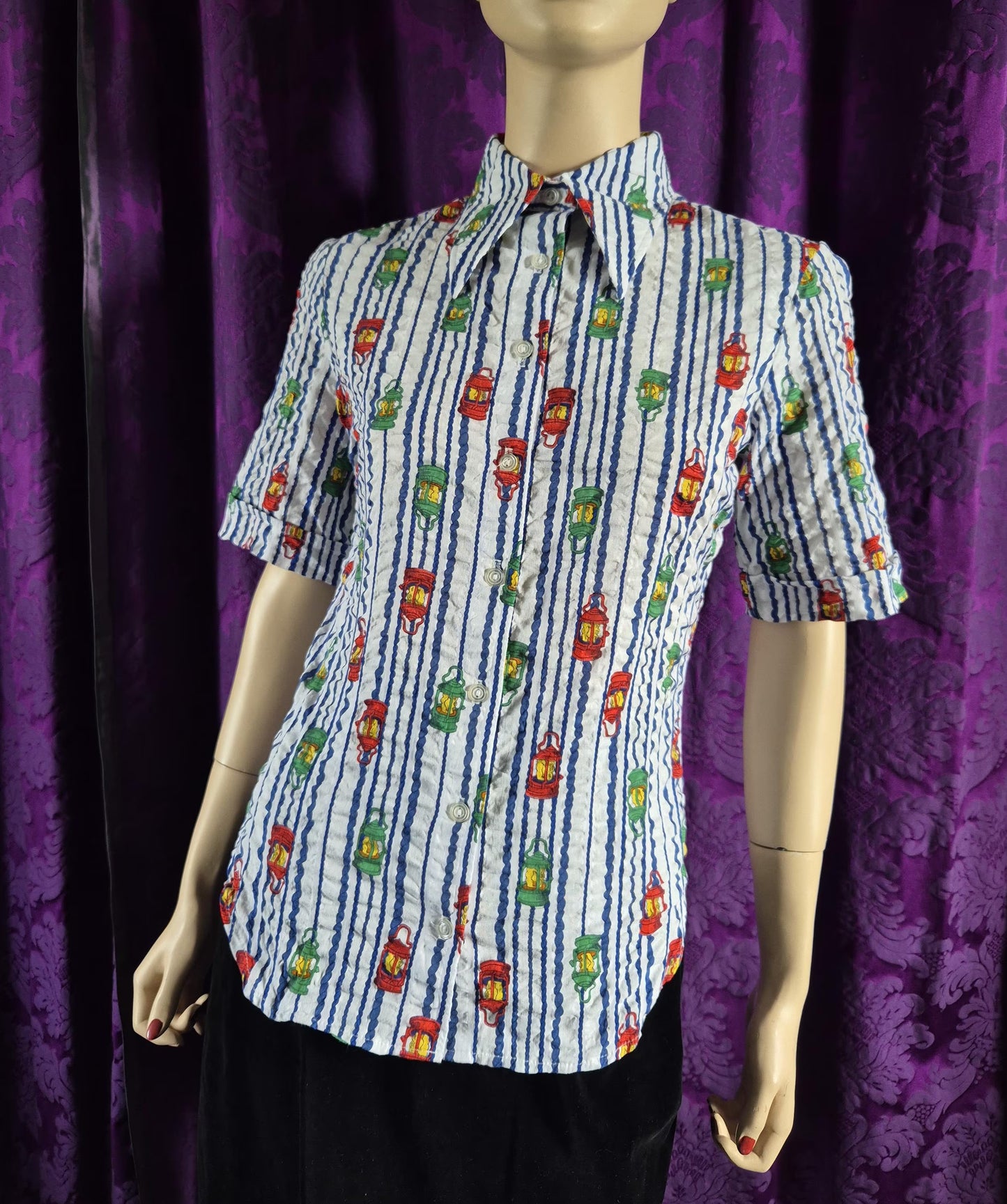 Vintage 1970s Lantern Print Cotton Striped Shirt