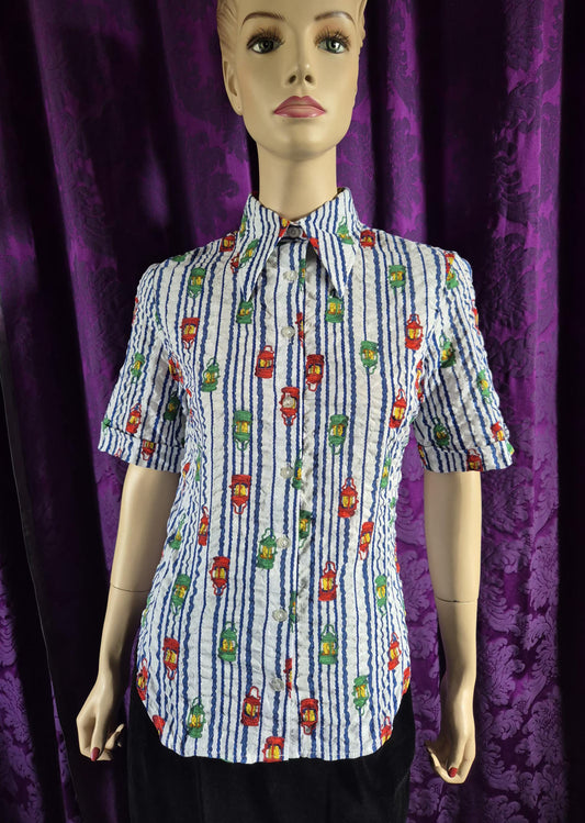 Vintage 1970s Lantern Print Cotton Striped Shirt