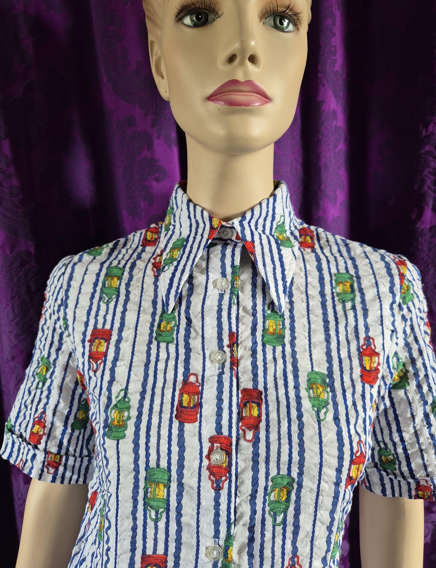 Vintage 1970s Lantern Print Cotton Striped Shirt