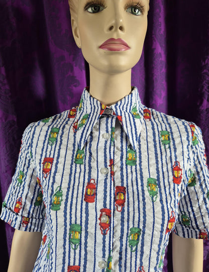 Vintage 1970s Lantern Print Cotton Striped Shirt