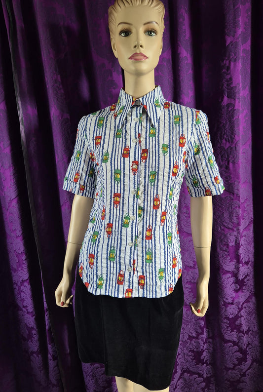 Vintage 1970s Lantern Print Cotton Striped Shirt