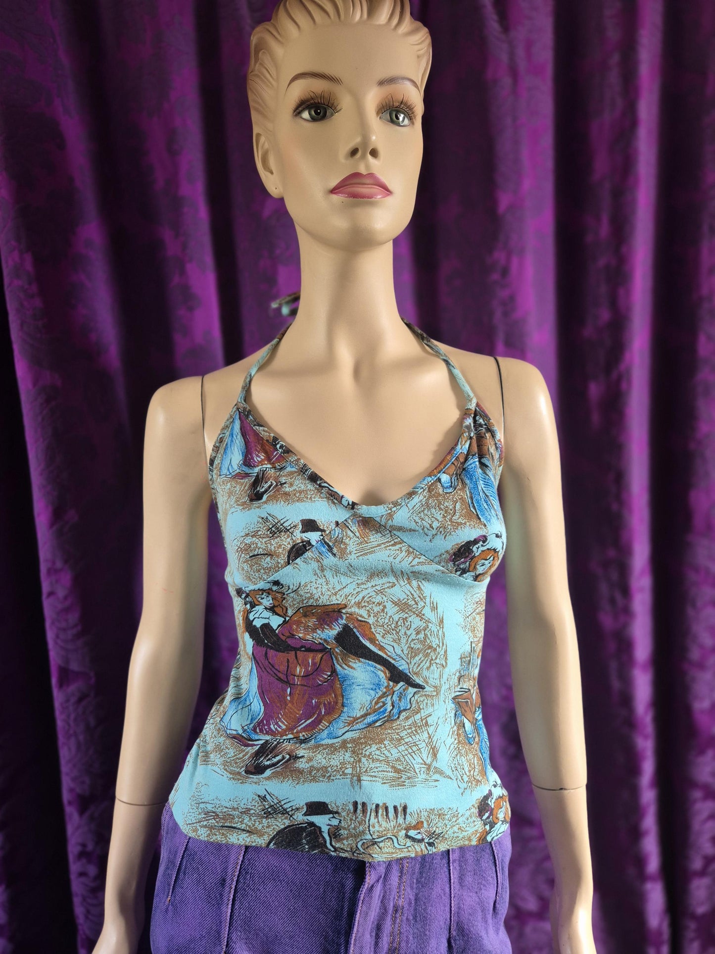 Vintage 1970s Toulouse Lautrec Jane Avril print halter top