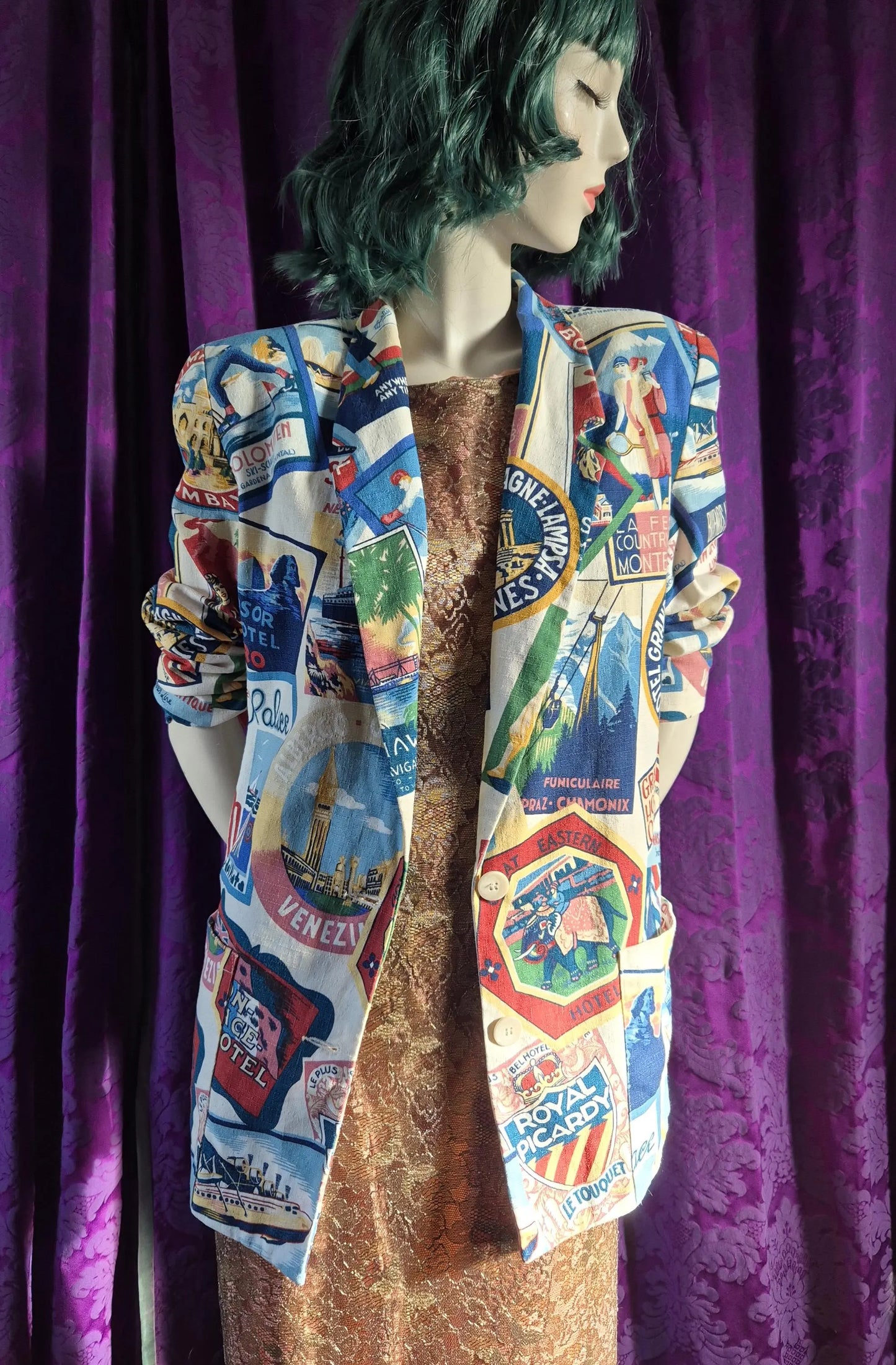 Vintage Luggage Labels Travel Print Blazer