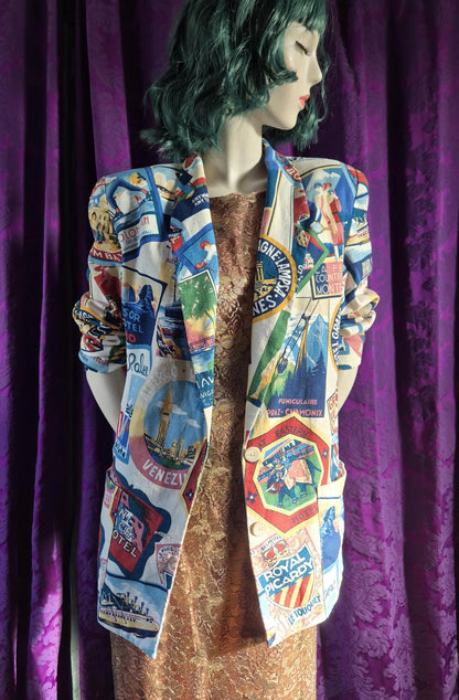 Vintage Luggage Labels Travel Print Blazer