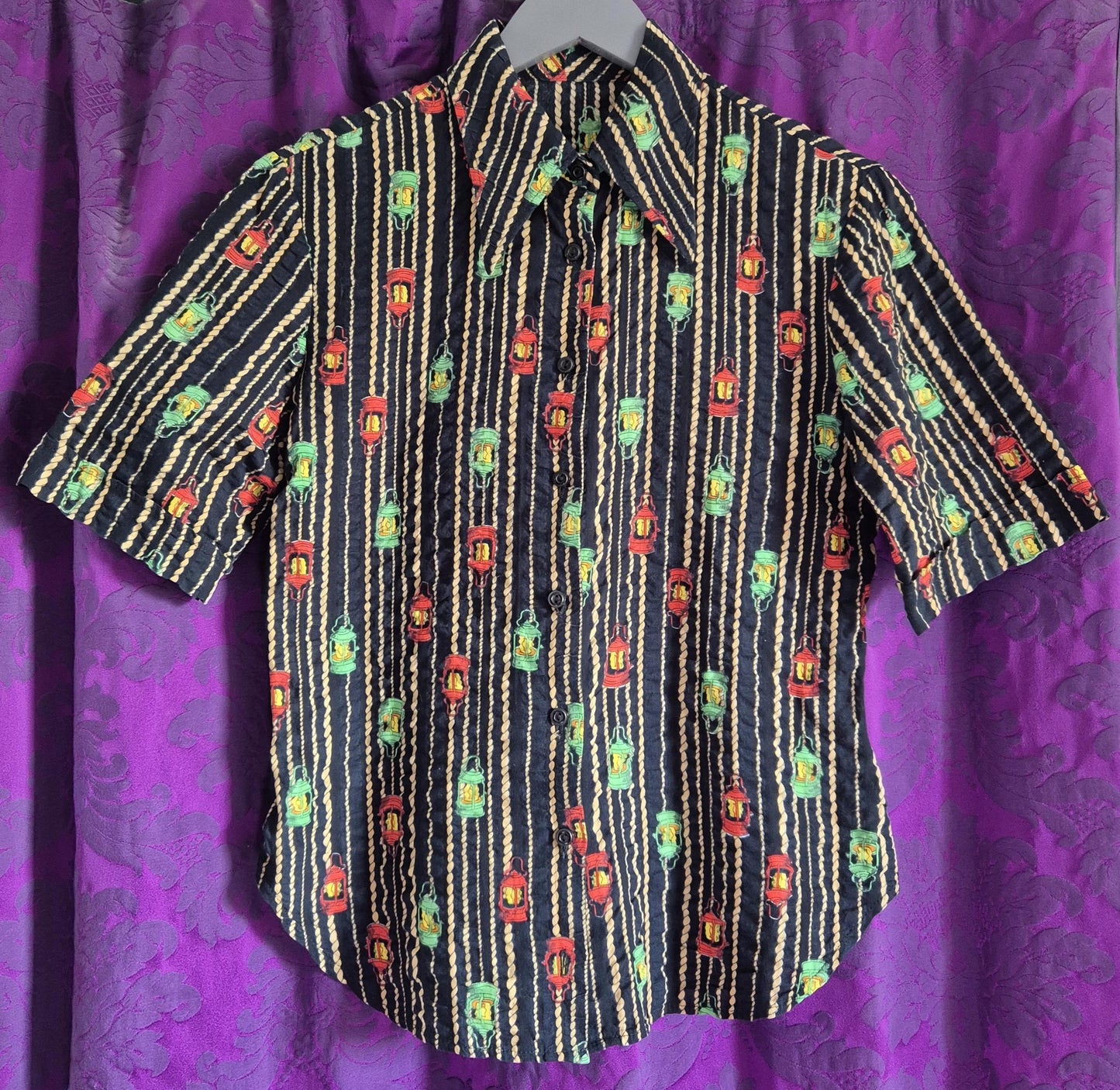 Vintage 1970s Lantern Print Cotton Striped Shirt
