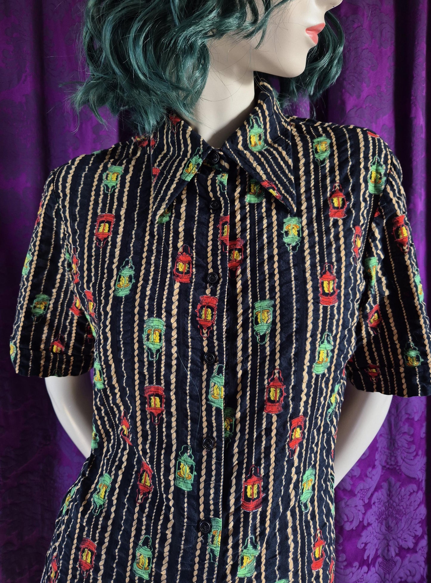 Vintage 1970s Lantern Print Cotton Striped Shirt