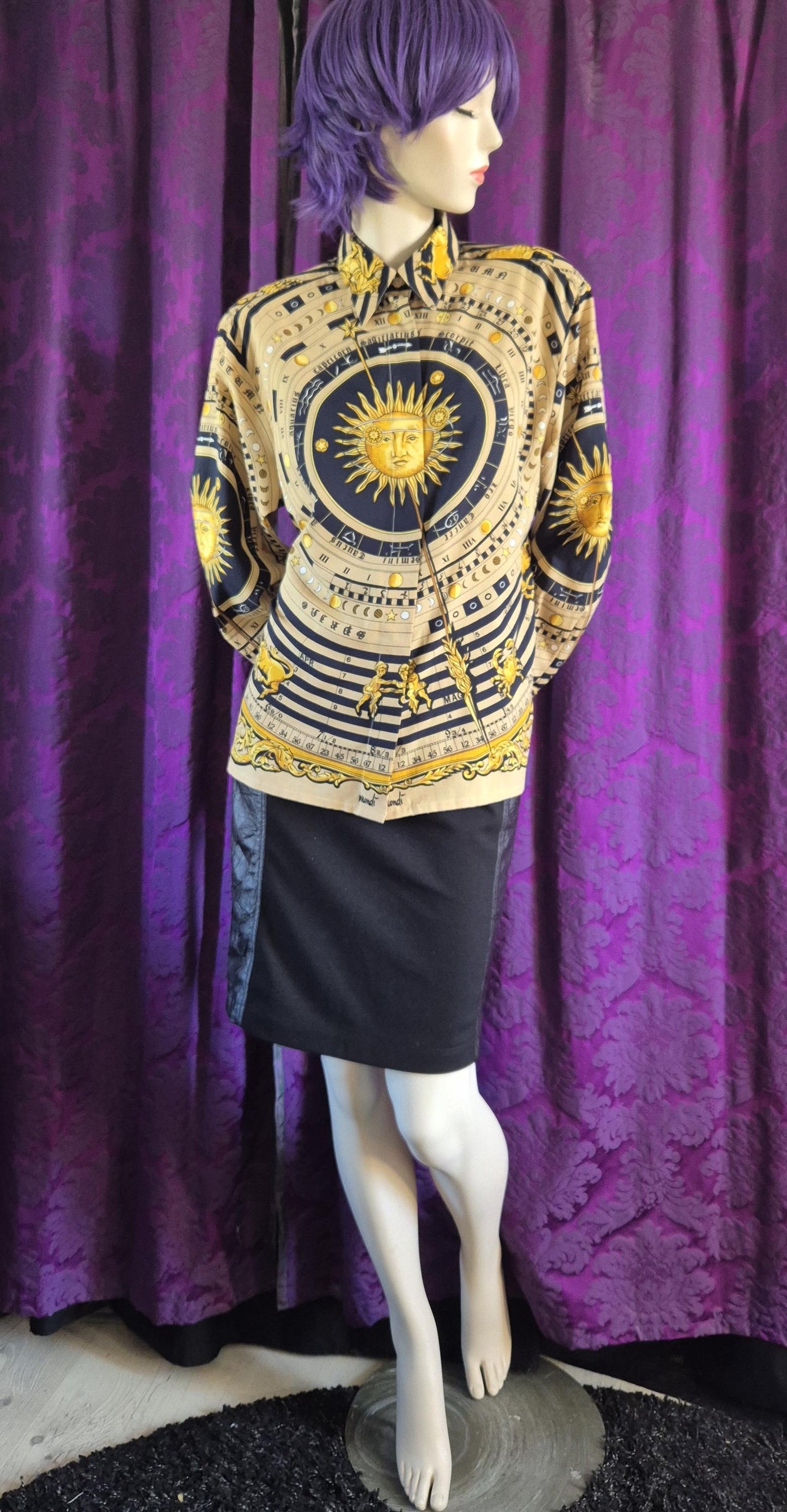 Vintage 1990s MONDI Celestial Sun Astronomical Zodiac Print Blouse