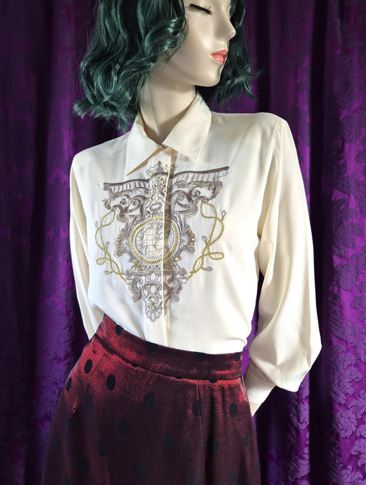 Vintage 1990s Metallic Embroidered Preppy Crested Globe Blouse