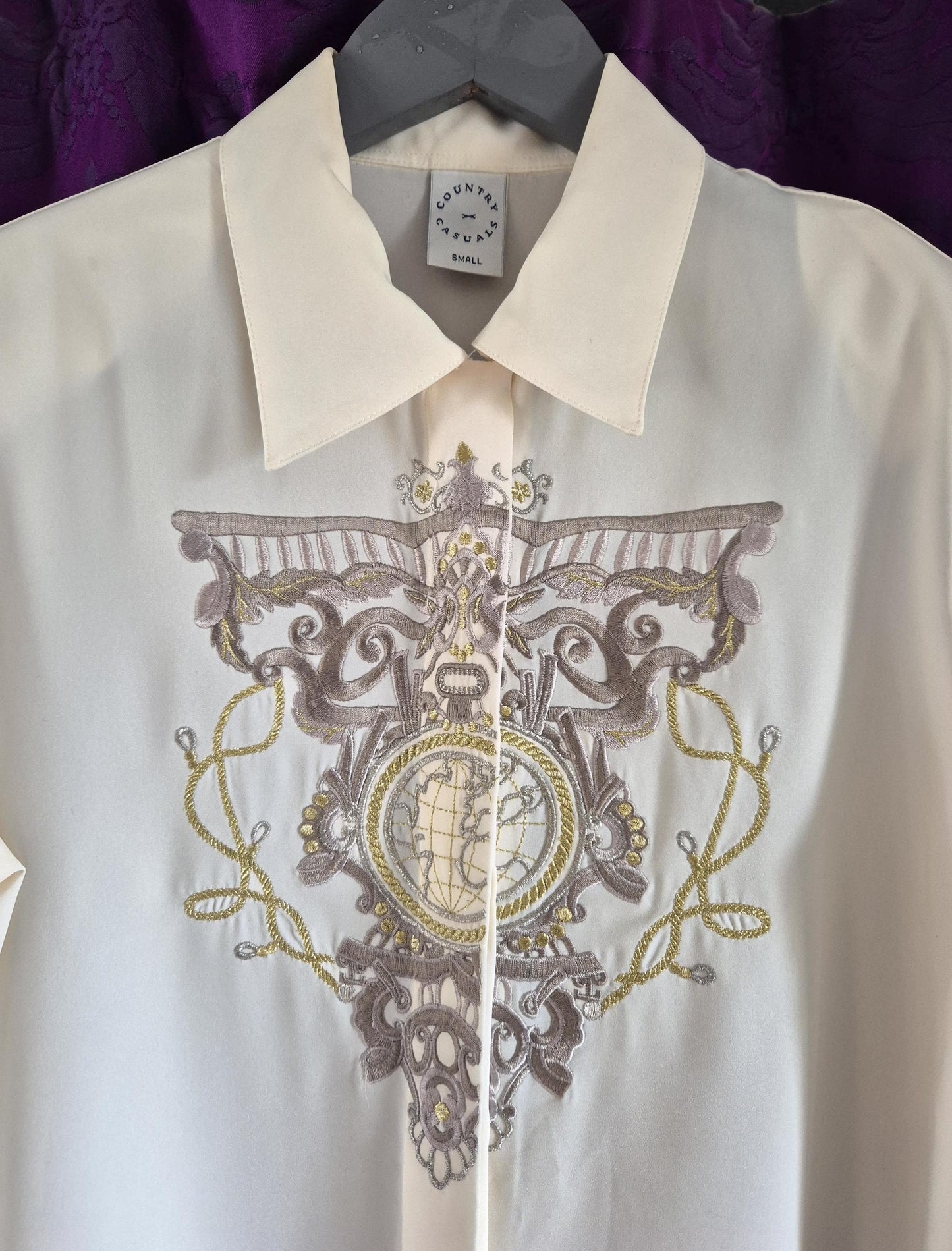 Vintage 1990s Metallic Embroidered Preppy Crested Globe Blouse