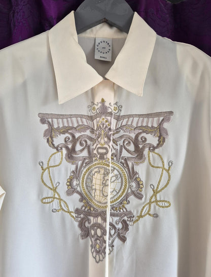 Vintage 1990s Metallic Embroidered Preppy Crested Globe Blouse