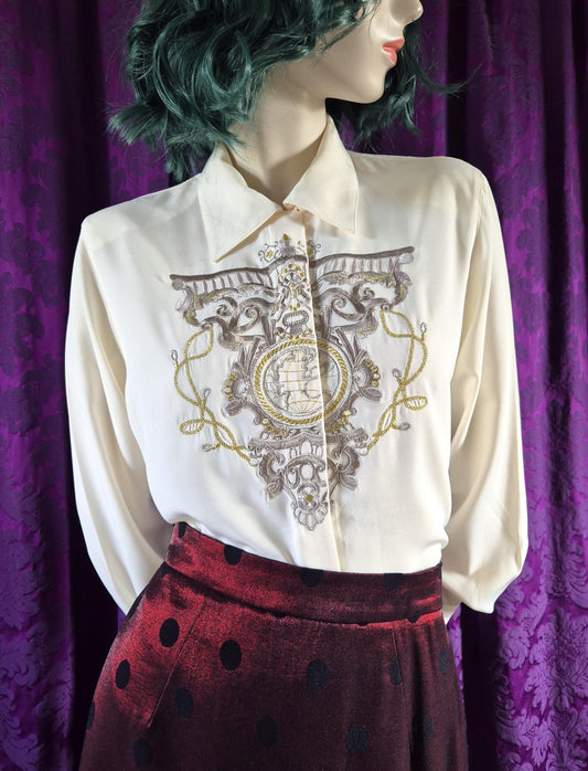 Vintage 1990s Metallic Embroidered Preppy Crested Globe Blouse