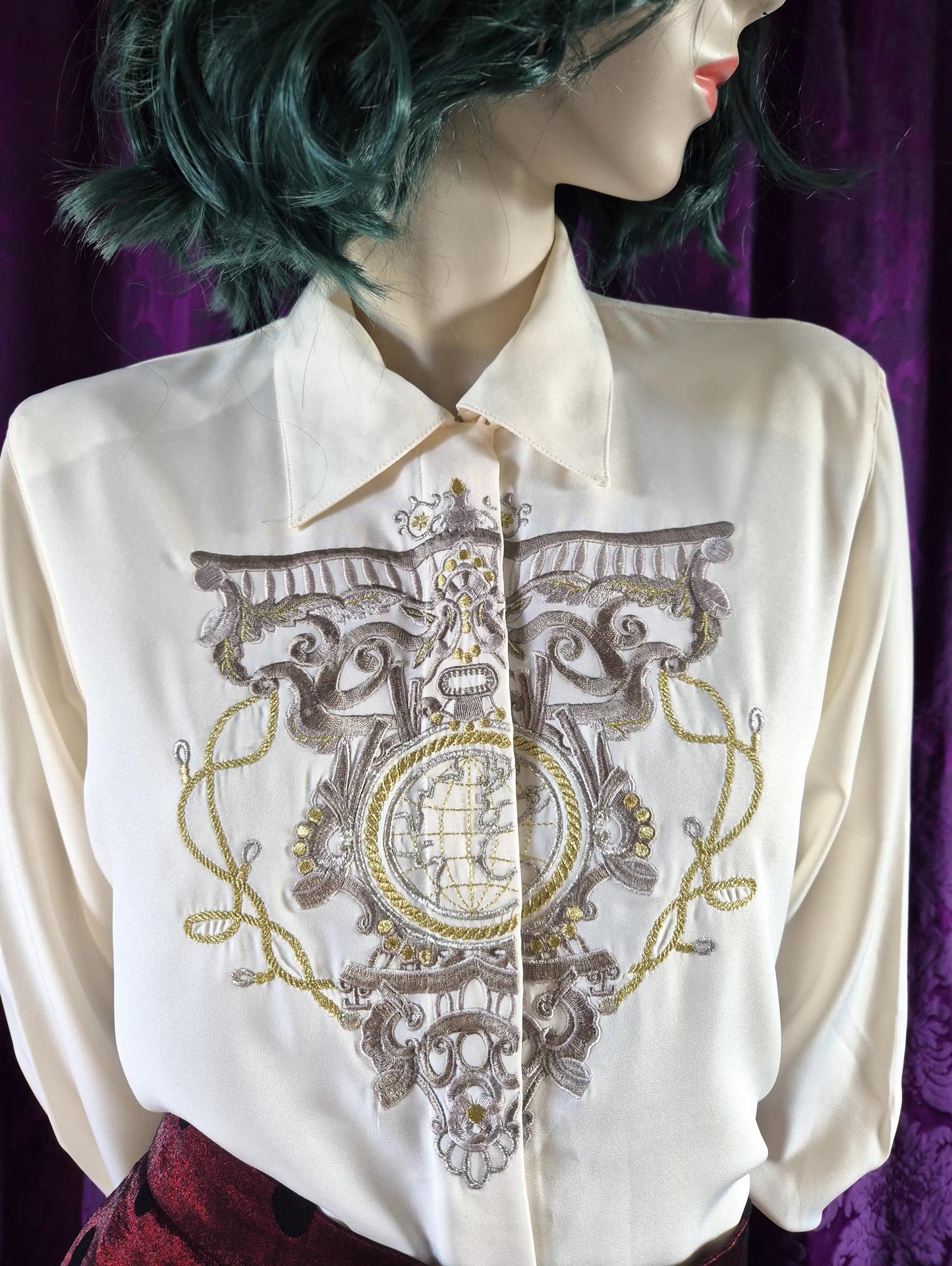 Vintage 1990s Metallic Embroidered Preppy Crested Globe Blouse