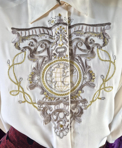 Vintage 1990s Metallic Embroidered Preppy Crested Globe Blouse