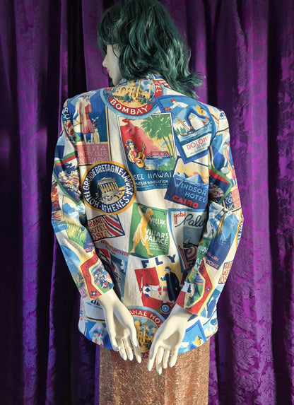 Vintage Luggage Labels Travel Print Blazer