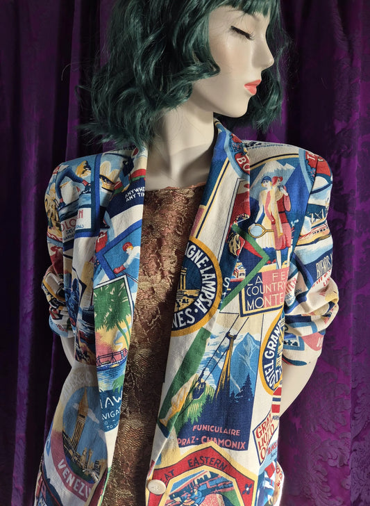 Vintage Luggage Labels Travel Print Blazer