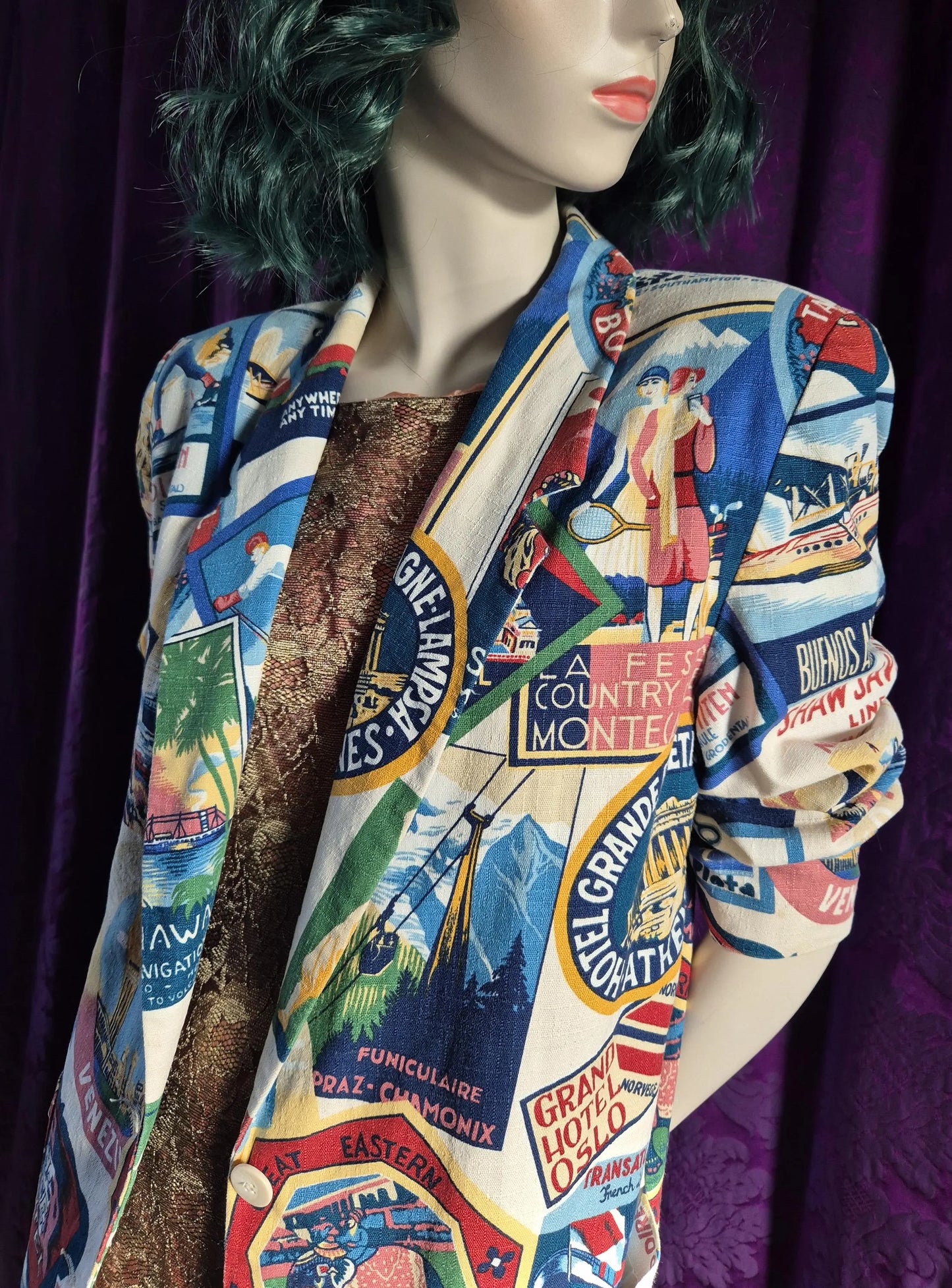 Vintage Luggage Labels Travel Print Blazer