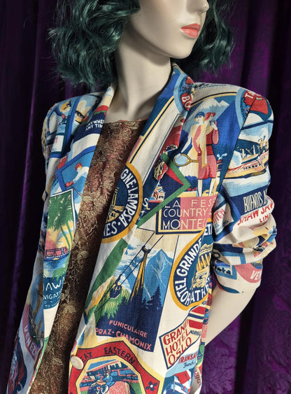 Vintage Luggage Labels Travel Print Blazer
