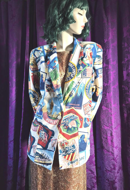Vintage Luggage Labels Travel Print Blazer