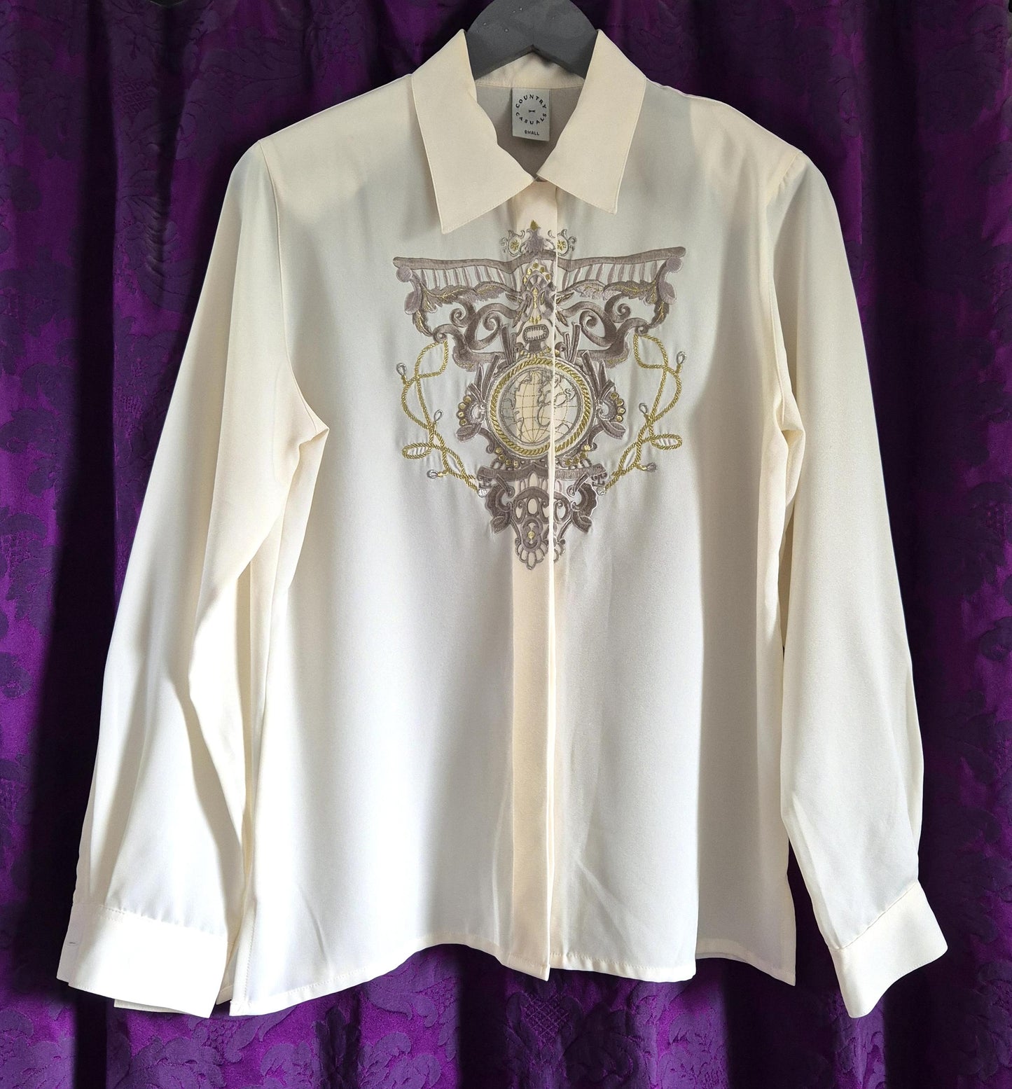 Vintage 1990s Metallic Embroidered Preppy Crested Globe Blouse