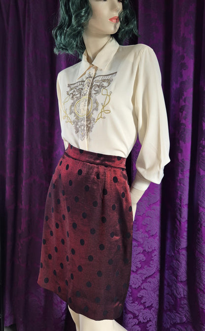 Vintage 1990s Metallic Embroidered Preppy Crested Globe Blouse