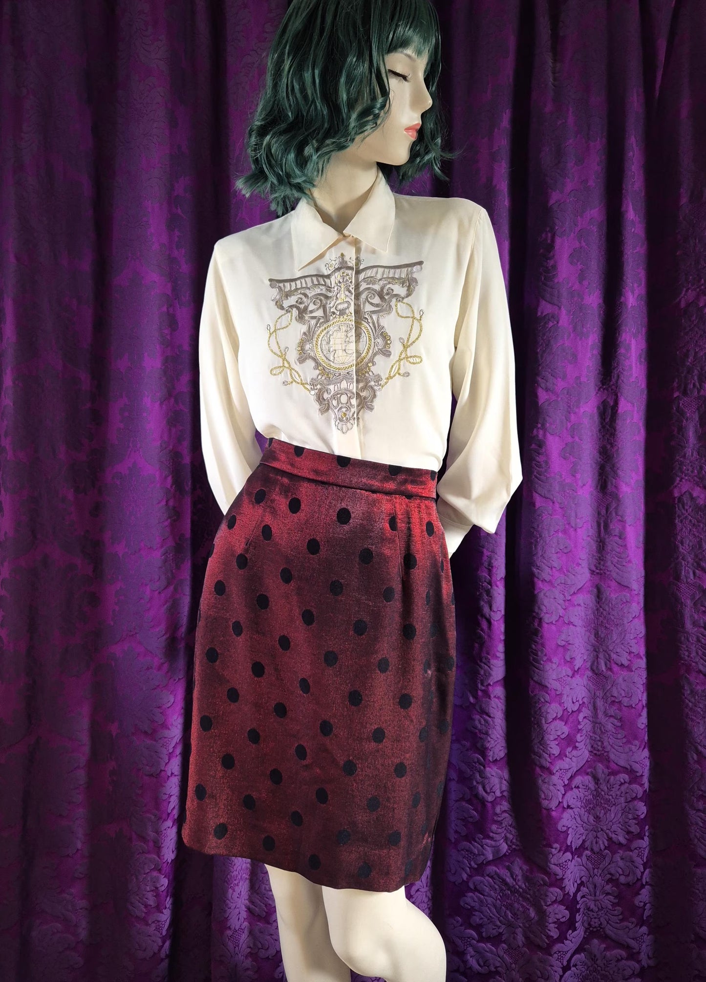 Vintage 1990s Metallic Embroidered Preppy Crested Globe Blouse