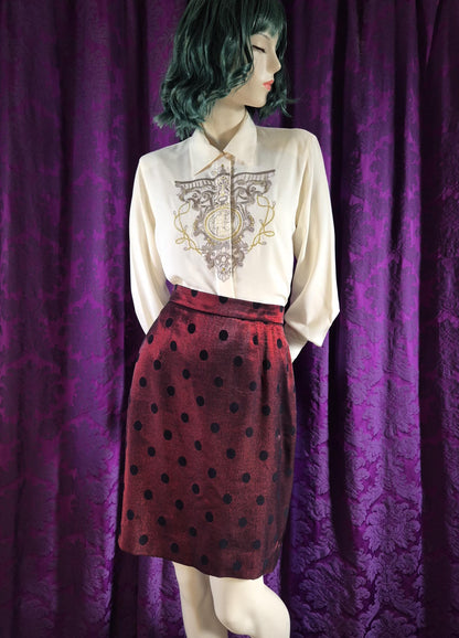 Vintage 1990s Metallic Embroidered Preppy Crested Globe Blouse