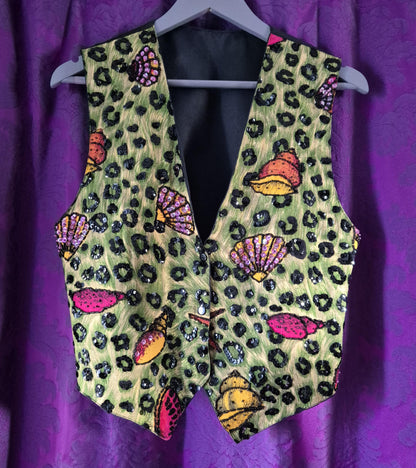 Vintage 1990s Beaded Leopard Print and Seashells Waistcoat