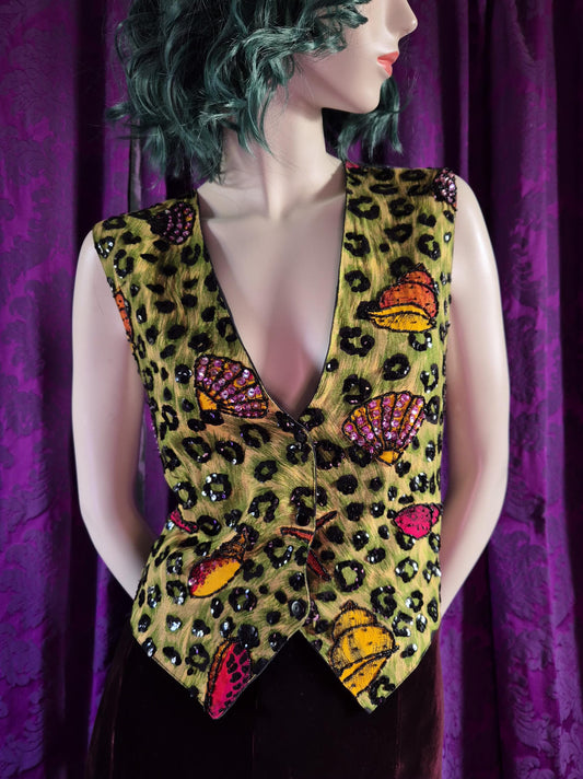 Vintage 1990s Beaded Leopard Print and Seashells Waistcoat