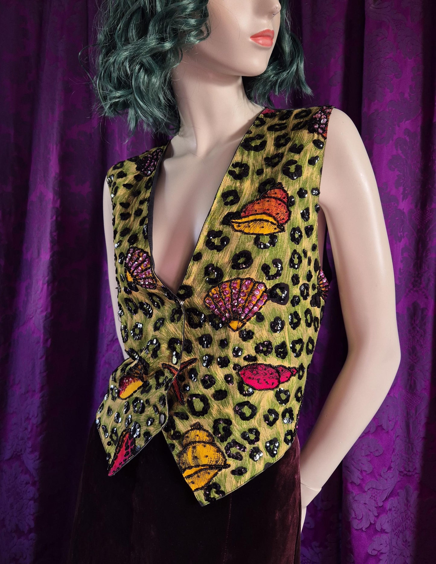 Vintage 1990s Beaded Leopard Print and Seashells Waistcoat