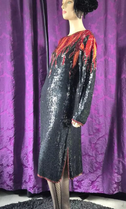 Vintage 1980s Hilary Floyd Sequin Satin Flames Dress